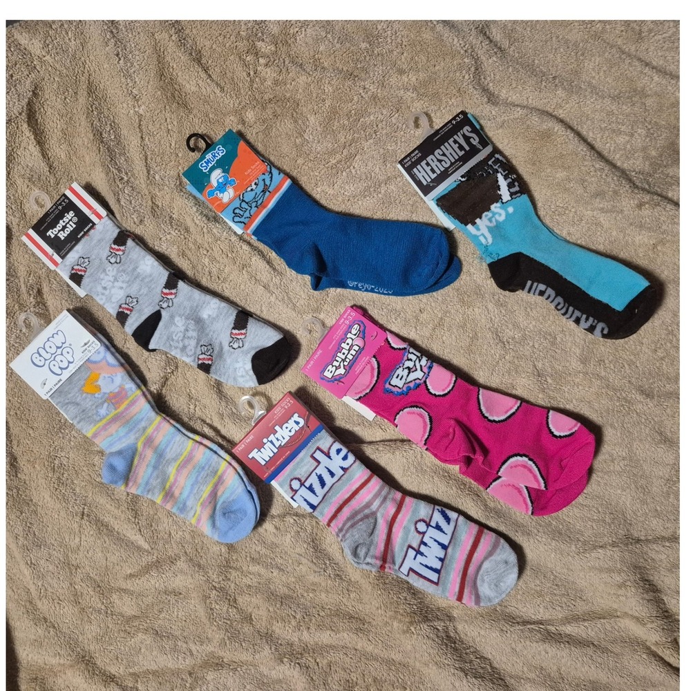 Kids Novelty Socks Bundle 6 Pairs Tootsie Roll Smurfs Hershey Blow Pop Twizzlers